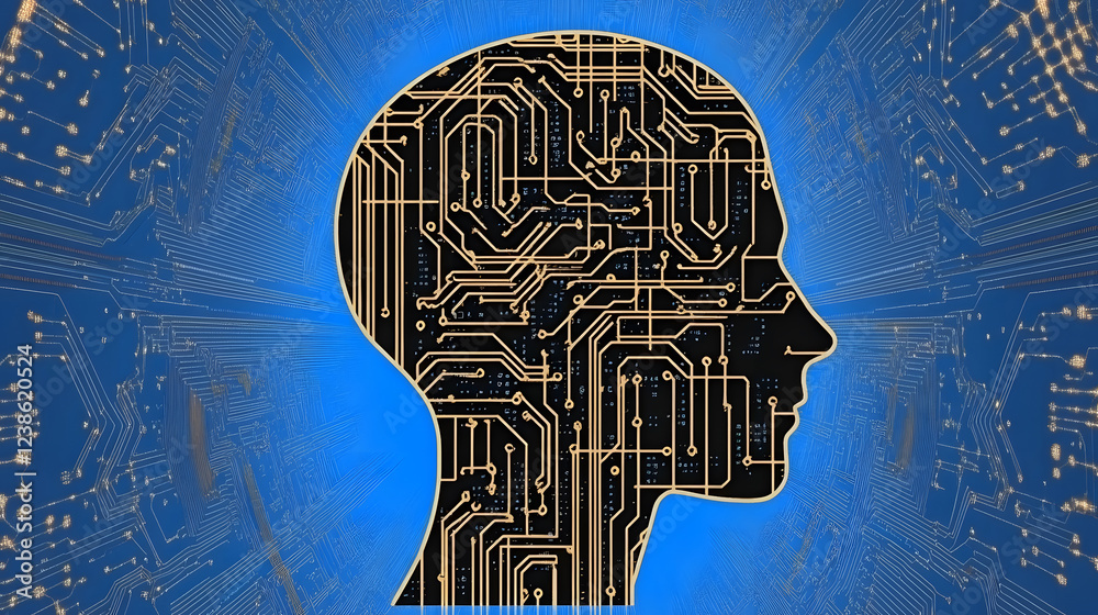 Poster a silhouette of a human head filled with intricate circuitry patterns, set against a blue digital ba