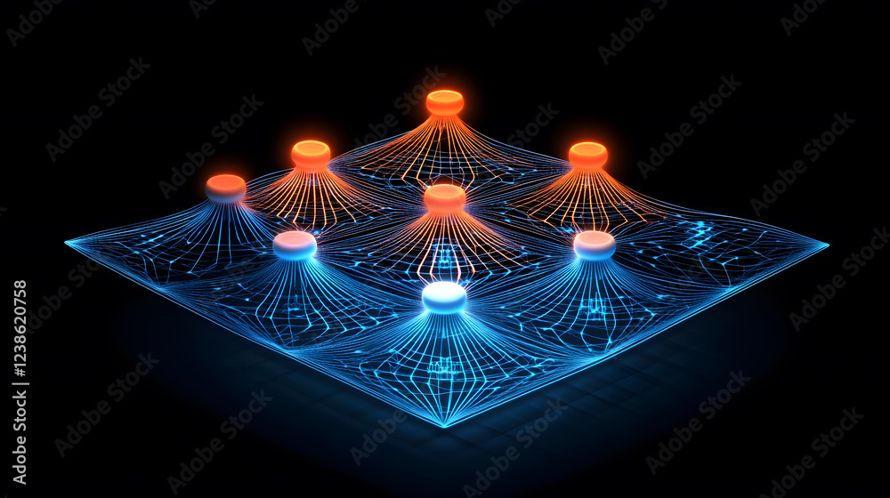 Poster A vibrant digital network visual, showcasing interconnected nodes with orange and blue lines on a dark background