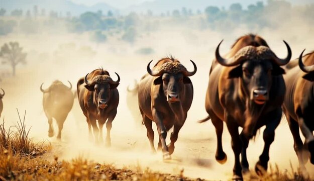 a group of buffalo running across the dusty ground