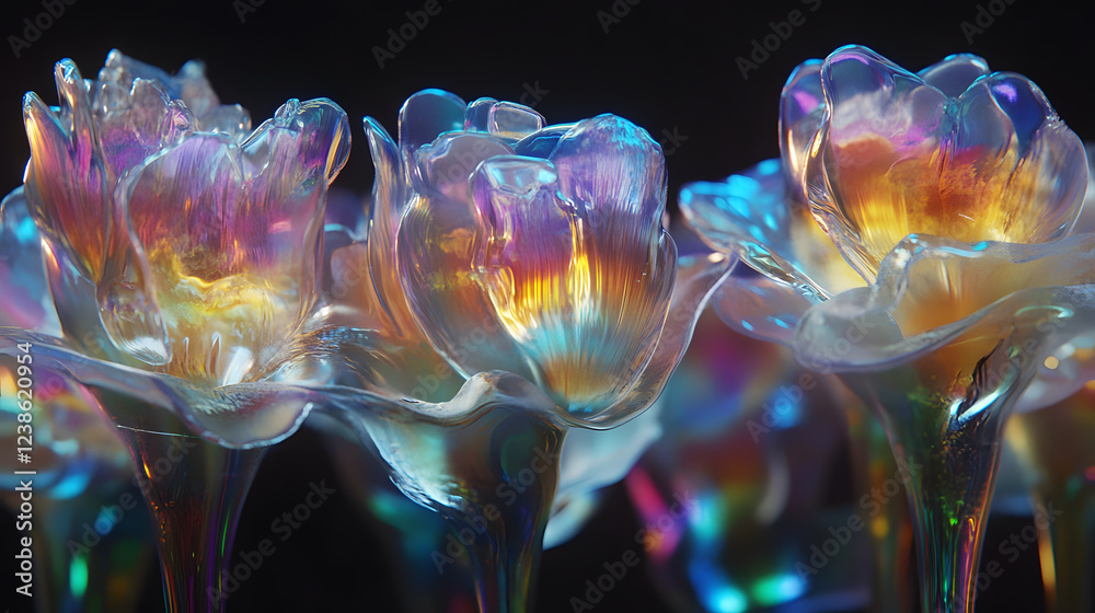 Poster ethereal, iridescent flowers glimmer with rainbow hues against a dark background, creating a captiva