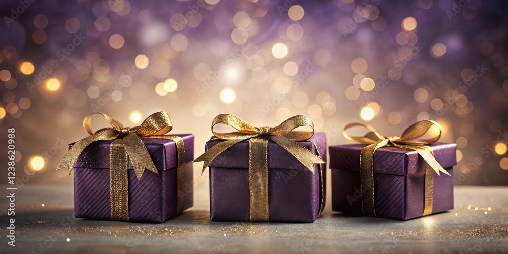 Poster three elegantly wrapped presents with gold ribbons, displayed against a shimmering backdrop of warm 