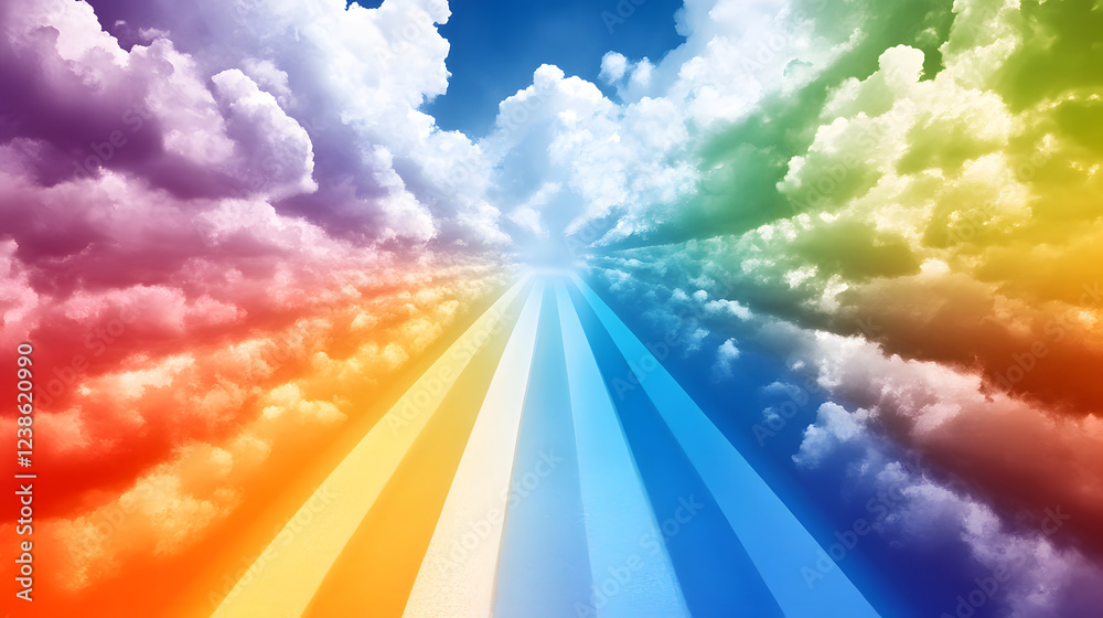 Poster A vibrant sky showing colorful rays of light emerging from clouds, creating a stunning rainbow effect