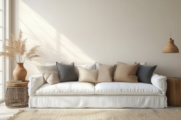 Cozy Scandinavian Living Room Interior with Modern Sofa and Wooden Accent Table