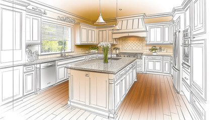 Fototapeta premium A modern kitchen design sketch featuring an island, cabinetry, and natural light, highlighting a blend of functionality and aesthetics