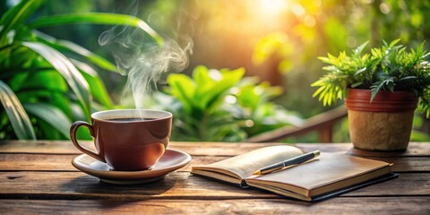 Aromatic Coffee Steam Rises Beside an Open Notebook and Pen on a Wooden Table Outdoors in Natural Light