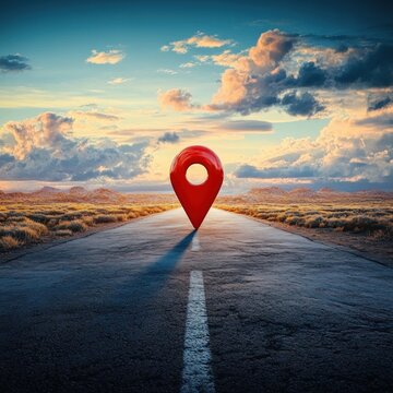 Surreal Sunset Road with Giant Red Location Pin and Long Shadows