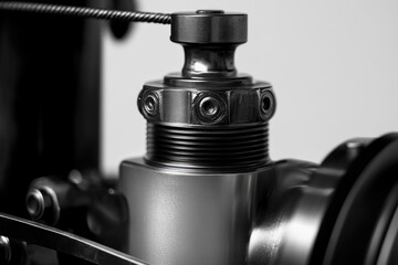 Obraz premium Close-up of a metallic industrial component with threaded parts and a cable, showcasing intricate engineering.