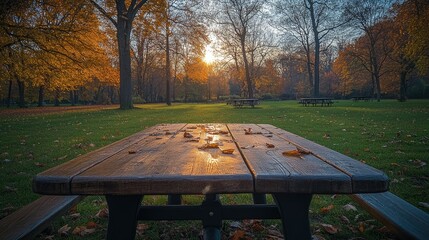Naklejka premium Autumn Sunset Park Picnic Table Scene
