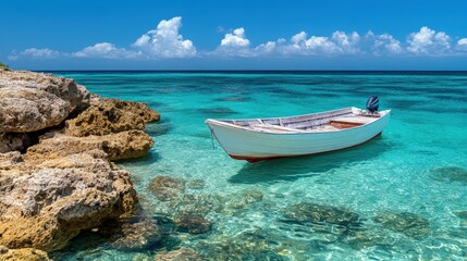 Naklejka premium A Serene Seascape Featuring a White Boat Anchored Among Crystal-Clear Turquoise Waters and Rocky Shores Under a Bright Blue Sky