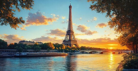 Obraz premium Sunset View of the Eiffel Tower in a Vintage Parisian Street