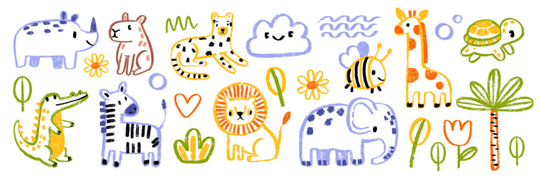 Kids animal doodle set, vector hand drawn childish African scribble, cute cartoon elephant, lion. Naive baby nature sticker, colorful pencil illustration, crocodile, capybara, palm. Kids doodle design