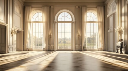 Obraz premium Sunlit grand hall, palace interior, scenic view, elegant event