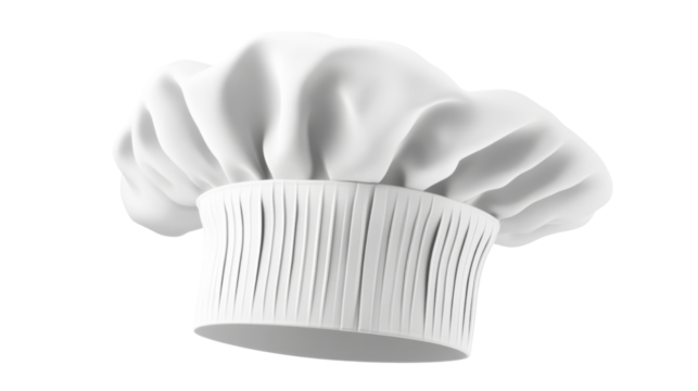 Classic white chef hat floating on transparent background