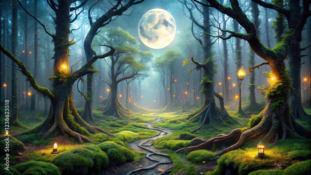 Aufkleber enchanted forest path under a full moon's glow, lit by mystical lanterns