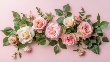 Obraz premium Delicate Pink and White Roses Decorated with Green Leaves