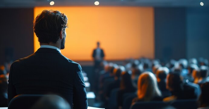 Conference Speaker Presenting Ideas on Stage in Business Technology Event with Engaged Audience