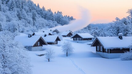 Naklejka premium Mountain village nature concept. A tranquil winter village covered in fresh snow with smoke rising from cozy cabins.