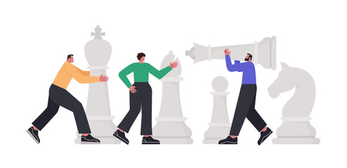 Team of characters playing giant chess. Business strategy concecpt. Planning and anagement. Vector illustration isolated on white background.
