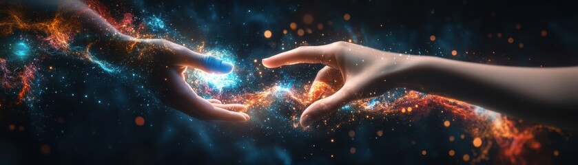 Fototapeta premium Cosmic Connection: Two Hands Reaching Through Vibrant Nebula in a Mystical Space Scene