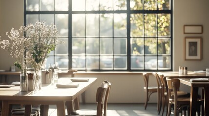 Sunny cafe interior, tables set, window view