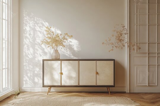 Minimalist Scandinavian Interior Design Scene with Sleek Cabinet and Natural Daylight