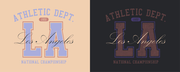 Los Angeles, National Championship, Athletic Department and retro college varsity typographic vector graphic.