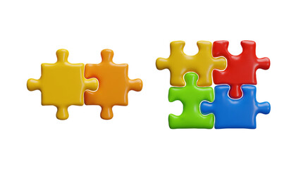 3D colorful jigsaw puzzle pieces connection vector set, assembled jigsaw logic game, problem solving, success strategy