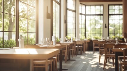 Sunny restaurant interior, tables set, garden view, daytime