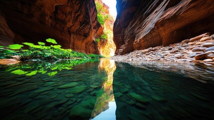 River canyon nature idea. Serene river flowing through a narrow canyon surrounded by lush greenery and colorful rocks.