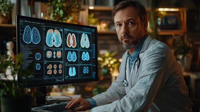 CT scan interface displayed on a monitor screen. Doctor analyzing medical imaging on a computer screen in a well-lit office.