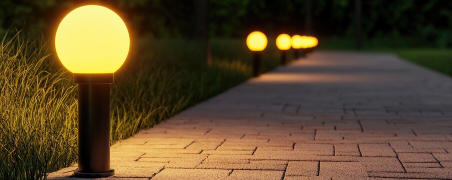 A serene pathway illuminated by glowing yellow orb lights, set against lush greenery, creating a peaceful evening atmosphere. - Powered by Adobe