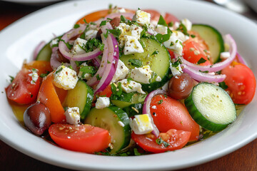 A salad with tomatoes, cucumbers, and onions