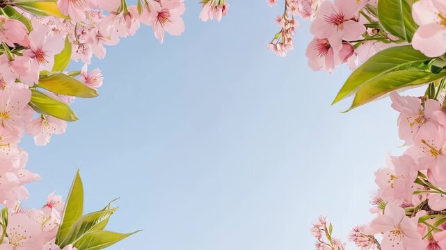 Explore blooming cherry blossoms framing a clear blue sky during spring in a serene garden landscape