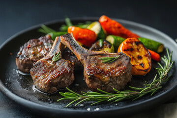 A plate of lamb chops and vegetables with a black background