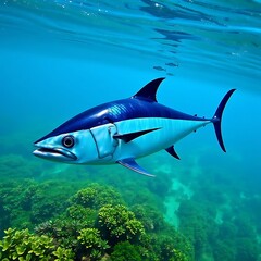 Obraz premium Majestic Bluefin Tuna Fish Swimming Over Vibrant Coral Reef