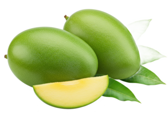 two whole green mangoes with a sliced piece and green leaves isolated on white background