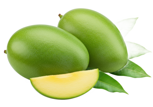two whole green mangoes with a sliced piece and green leaves isolated on white background
