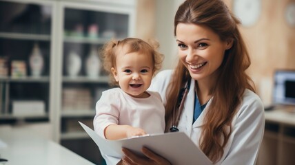 Obraz premium Mom and her infant daughter at the doctor's appointment. Pediatrician Medical check up. The doctor fills out the health questionnaire close up. Healthy lifestyle concept