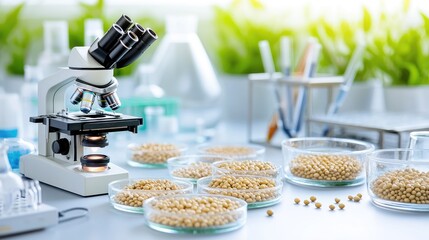 Soybeans lab analysis microscope, petri dishes, research