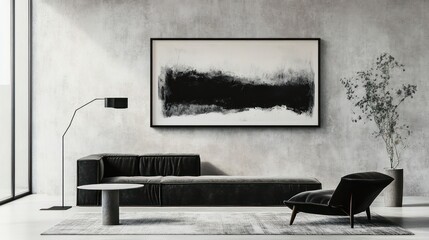 Black rectangular frame on a light gray wall with subtle texture, paired with modern black and white furniture.