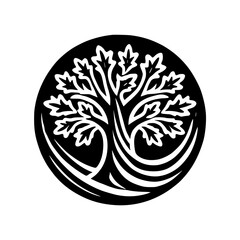 Monochrome Tree of Life: Elegant Nature Art Print.  Stylish Black and White Botanical Design. Minimalist Circle Graphic for Home Decor.