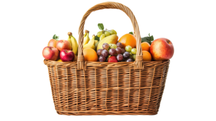 Wicker basket overflowing with fresh fruits on transparent background