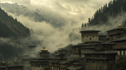 Aerial exploration of bhutan's misty mountain village nature's serene beauty