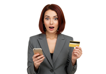 woman in a gray blazer holding a smartphone and credit card, expressing surprise, isolated on white background