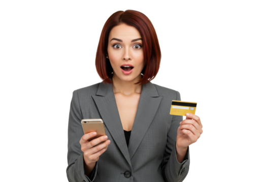 woman in a gray blazer holding a smartphone and credit card, expressing surprise, isolated on white background