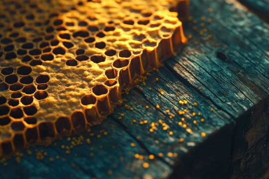 Close-up of honeycomb on rustic wood, illuminated by golden light, pollen scattered nearby.