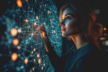 Woman gazing at digital screen in modern workspace with focused expression and technology elements surrounding her in a professional environment