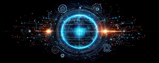 Futuristic holographic globe surrounded by digital circuits and glowing interfaces