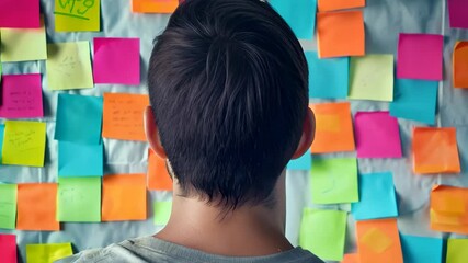 Person contemplating a wall filled with colorful sticky notes, symbolizing brainstorming, organization, and creative planning in a focused workspace