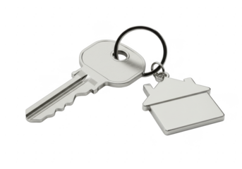 Silver keys with a house-shaped keychain isolated on white background